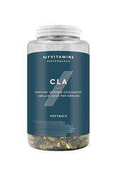 Myprotein Myvitamins CLA softgel bottle containing 1000mg of conjugated linoleic acid per serving.